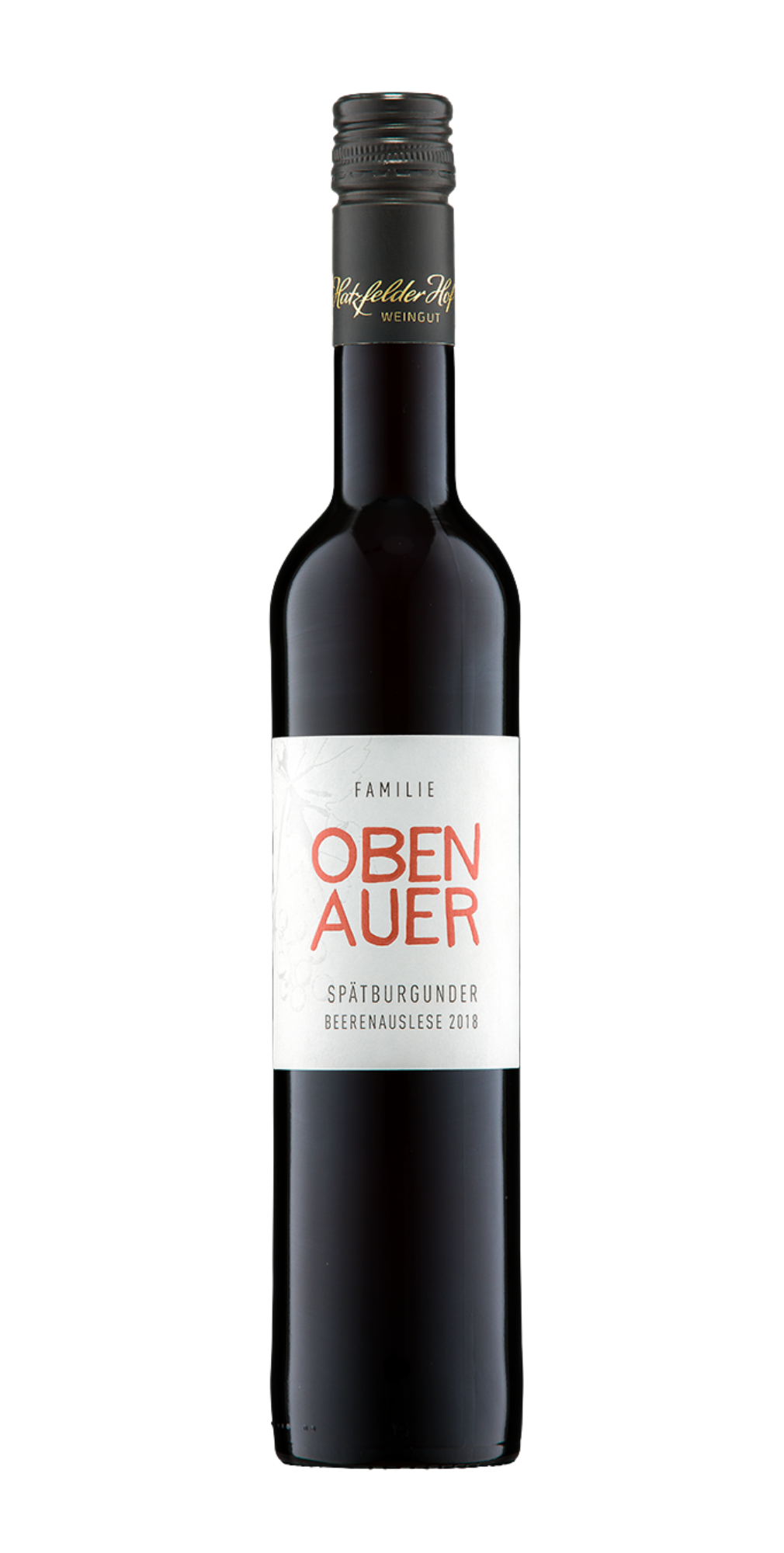 Spätburgunder Beerenauslese - Diese Beerenauslese zeigt sich in einem räftigen Dunkelrot, einem Duft nach etwas an Kirsche und Brombeere erinnernd und Aromen von Tabak, Eichenholz und Leder. Ergänzend zum Beerenaroma noch Vanille und Röstaromen. Wunderbar samtig im Abgang. Ein harmonischer Wein zu schokoladigen Desserts oder einfach ohne Dessert.